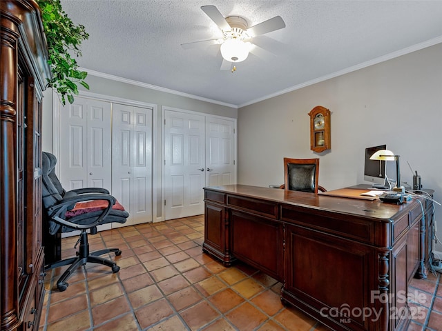office space featuring light tile patterned floors, a ceiling fan, ornamental molding, and a textured ceiling