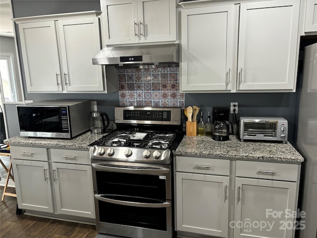 kitchen featuring dark wood-type flooring, stainless steel appliances, tasteful backsplash, light stone countertops, and white cabinets