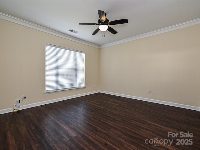 unfurnished room featuring ceiling fan, crown molding, and dark wood-type flooring