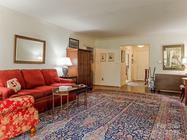 living room featuring hardwood / wood-style flooring and crown molding