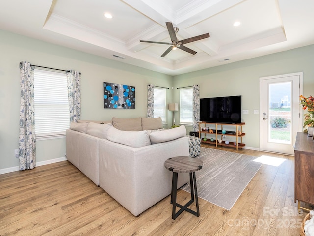 living room featuring light hardwood / wood-style floors, a wealth of natural light, beamed ceiling, and coffered ceiling