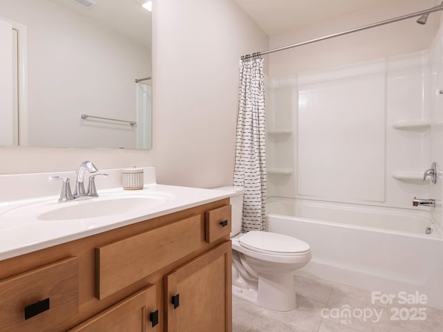 full bathroom featuring shower / bath combo with shower curtain, toilet, vanity, and tile patterned flooring