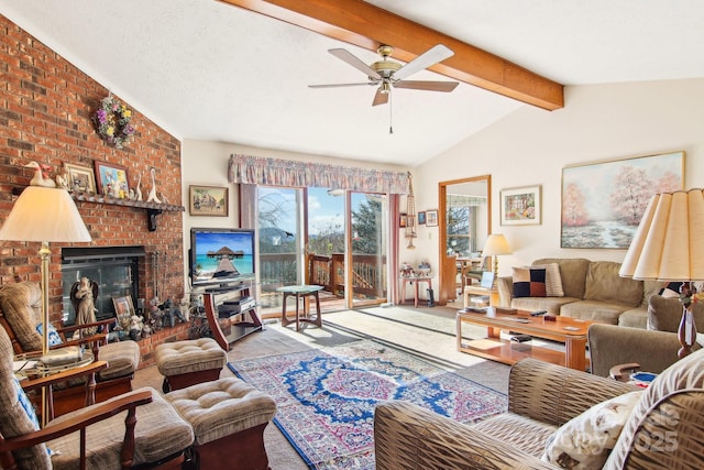 living room with a textured ceiling, a brick fireplace, ceiling fan, and lofted ceiling with beams