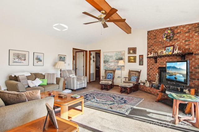 living room with ceiling fan, carpet floors, and lofted ceiling with beams