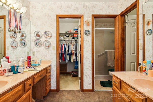 bathroom featuring vanity and a shower with door