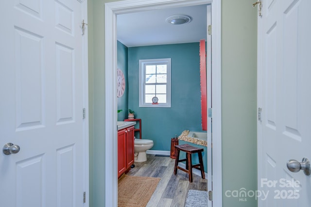 bathroom featuring toilet, vanity, and wood-type flooring