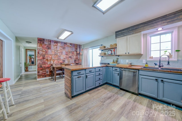 kitchen with kitchen peninsula, stainless steel dishwasher, tasteful backsplash, light wood-type flooring, and sink