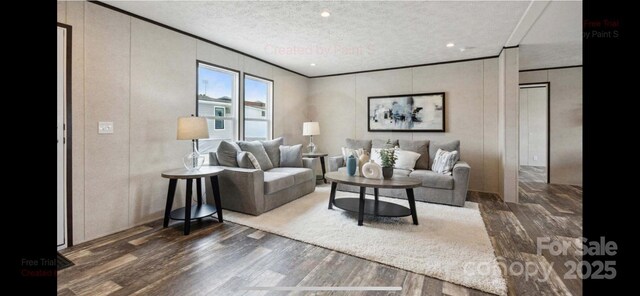 living room featuring ornamental molding, dark wood-type flooring, and a textured ceiling