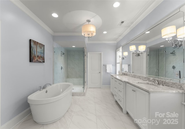 bathroom with vanity, a notable chandelier, independent shower and bath, and ornamental molding