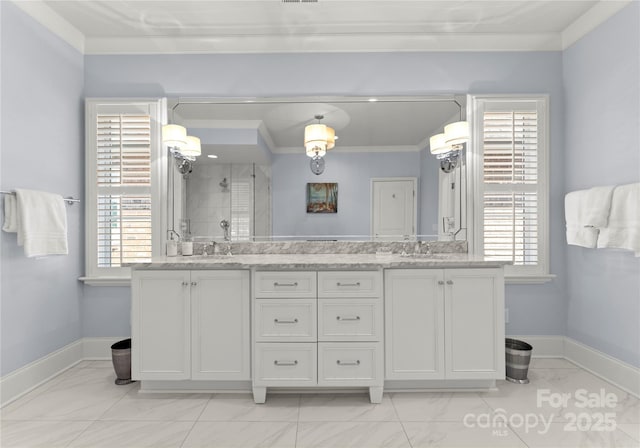 bathroom featuring crown molding, walk in shower, and vanity