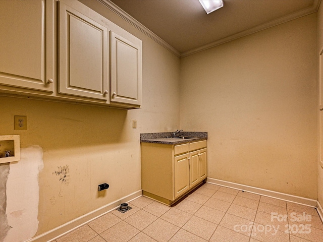 clothes washing area featuring cabinet space, hookup for a washing machine, ornamental molding, and light tile patterned flooring