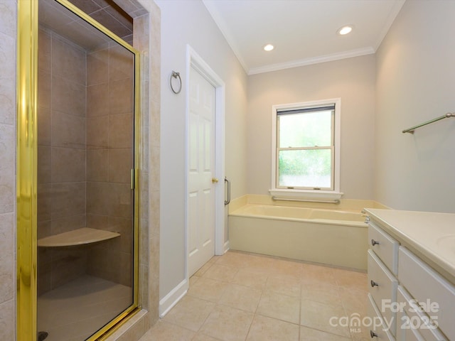 full bathroom with a garden tub, tile patterned floors, a stall shower, vanity, and ornamental molding