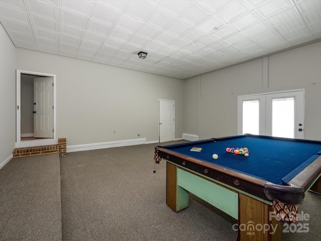 game room featuring baseboards, carpet flooring, and pool table