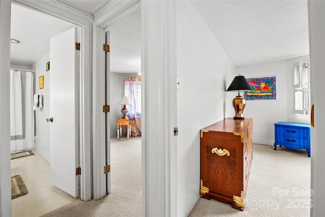 hallway with a textured ceiling