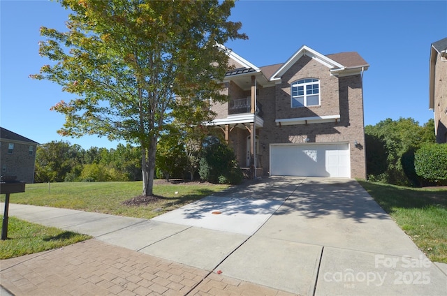 view of front of house with a balcony, a front lawn, and a garage