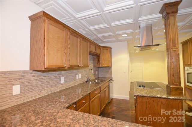 kitchen featuring sink, black electric cooktop, dark stone counters, and island range hood