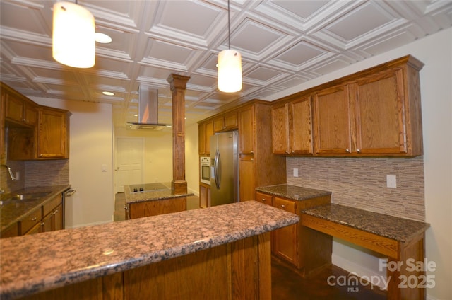 kitchen with island range hood, stainless steel appliances, pendant lighting, sink, and backsplash