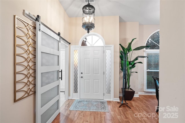 foyer entrance featuring hardwood / wood-style flooring, a barn door, and a healthy amount of sunlight