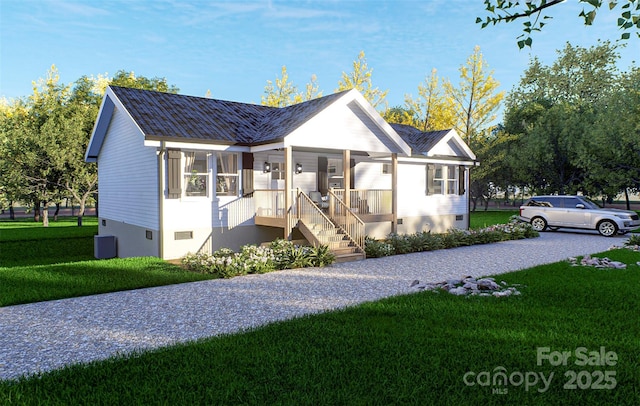 view of front facade featuring a porch, a front lawn, and central air condition unit