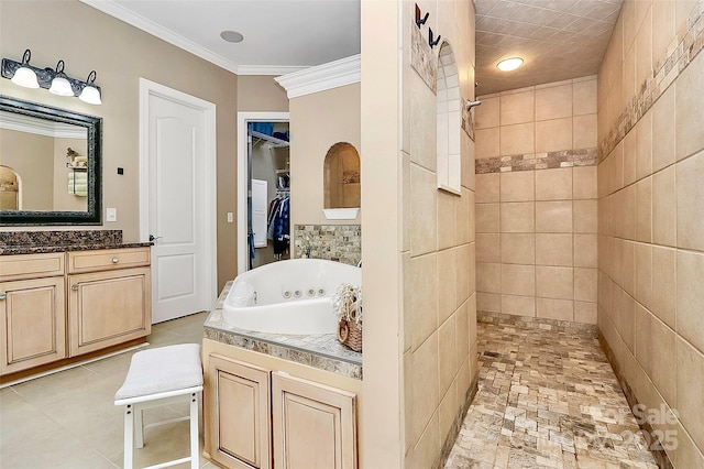 bathroom with crown molding, vanity, and plus walk in shower