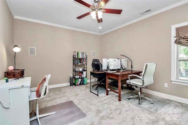 carpeted office with ornamental molding and ceiling fan