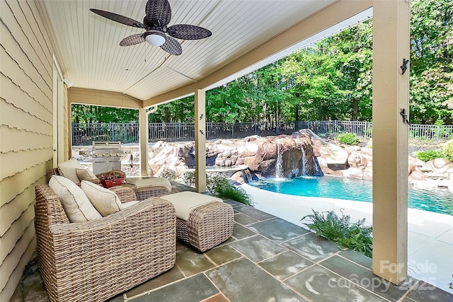 view of patio featuring a grill, pool water feature, an outdoor hangout area, ceiling fan, and a fenced in pool