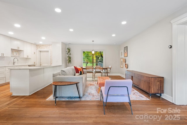 living room featuring light hardwood / wood-style floors and sink