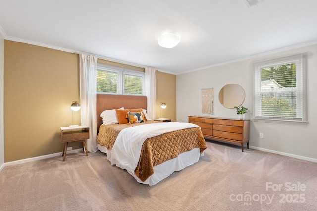 bedroom with light carpet and ornamental molding