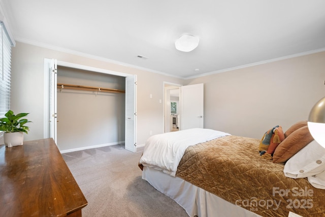 carpeted bedroom with a closet and ornamental molding