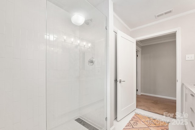 bathroom with walk in shower and ornamental molding