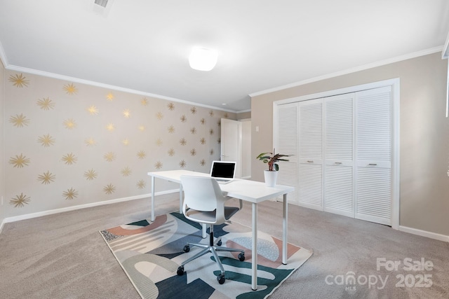 office space featuring light carpet and crown molding