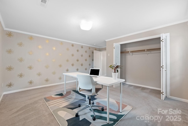 office space with ornamental molding and light carpet