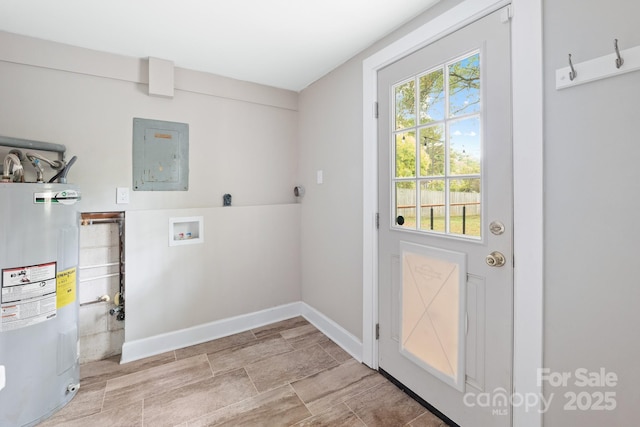 laundry room featuring hookup for a washing machine, electric panel, and water heater