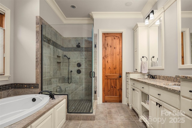 bathroom with separate shower and tub, vanity, tile patterned flooring, and ornamental molding