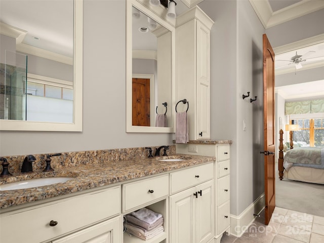 bathroom with ceiling fan, vanity, tile patterned flooring, and ornamental molding