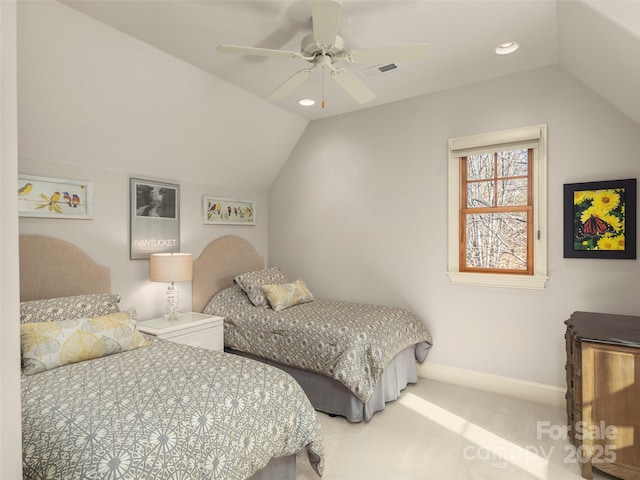 bedroom featuring ceiling fan, carpet, and lofted ceiling