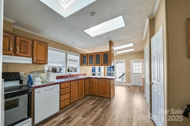 kitchen with white dishwasher, lofted ceiling with skylight, kitchen peninsula, electric range oven, and tile countertops