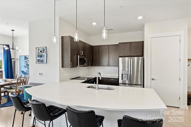 kitchen featuring decorative backsplash, appliances with stainless steel finishes, sink, and dark brown cabinetry