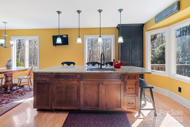 kitchen featuring an island with sink, sink, light wood-type flooring, and decorative light fixtures