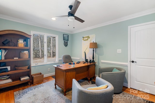 office with wood-type flooring, ceiling fan, and crown molding