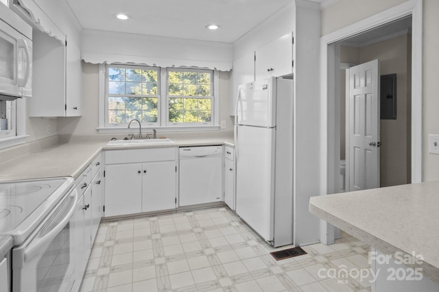 kitchen with sink, white appliances, white cabinets, and electric panel