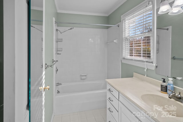 bathroom featuring plenty of natural light, tile patterned floors, and crown molding