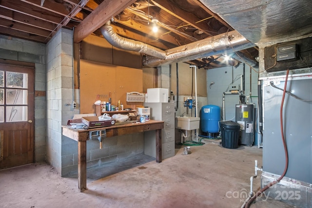 basement with sink and electric water heater