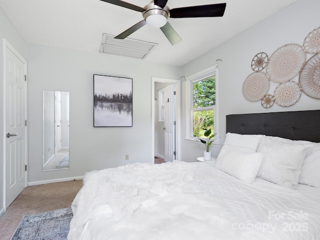 bedroom featuring ceiling fan and light carpet