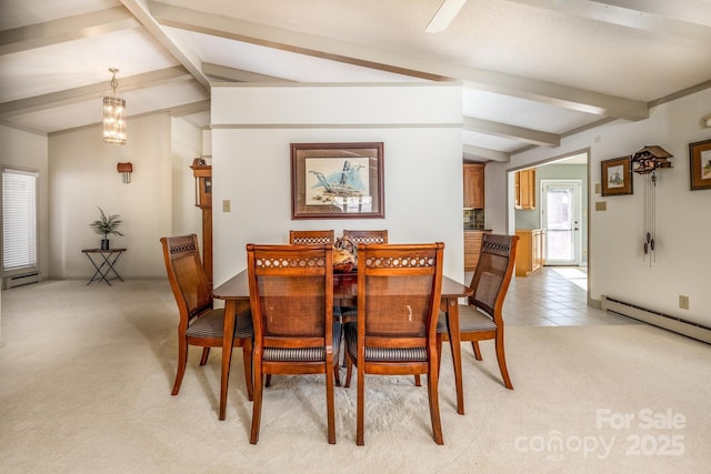 carpeted dining room with a baseboard radiator, lofted ceiling with beams, and a notable chandelier