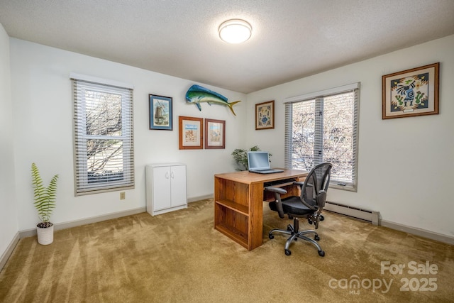 office space featuring a textured ceiling, baseboard heating, a healthy amount of sunlight, and light colored carpet