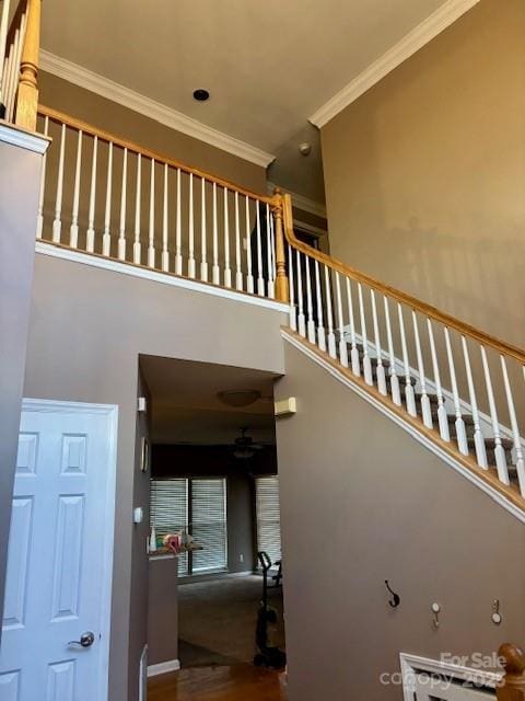 stairs with ceiling fan, hardwood / wood-style floors, and ornamental molding