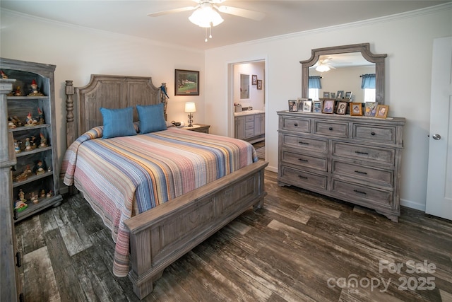 bedroom featuring ensuite bathroom, ceiling fan, dark hardwood / wood-style flooring, and ornamental molding