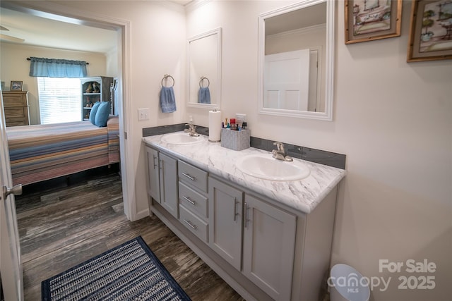 bathroom with ornamental molding, wood-type flooring, and vanity