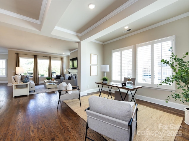 living room with crown molding and dark wood-type flooring